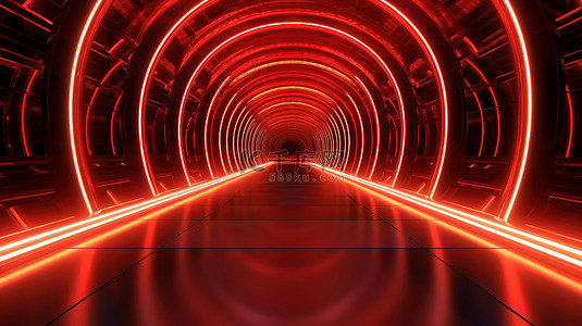 荧光蓝荧光背景图片_地板上红色反射霓虹灯隧道的 3D 渲染