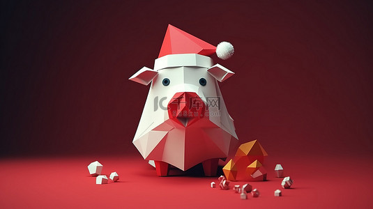 戴着低聚猪的圣诞老人帽子，采用 3D 渲染的纸艺和工艺设计