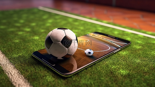 体育馆运动场背景图片_在带运动场的智能手机上体验足球的虚拟足球 3D 渲染