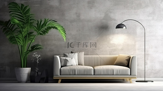 简约的阁楼装饰，以墙壁植物沙发和混凝土背景 3D 渲染上的灯具为特色