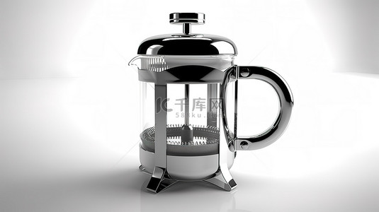 3D 纯白色背景上展示的时尚法式压榨咖啡和茶壶