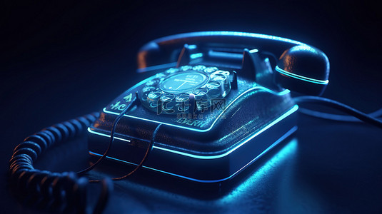 在时尚的深蓝色背景下，复古有线电话的赛博朋克风格 3D 渲染