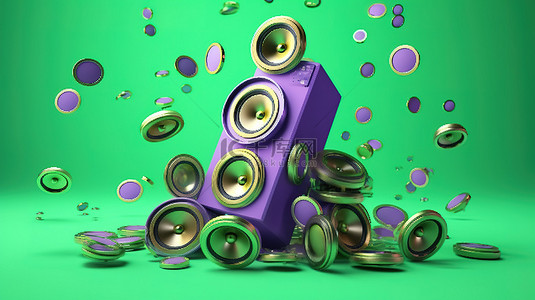 销售蓝色背景图片_创新的 3D 绿色扬声器，通用硬币在紫色背景上飞行