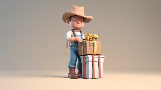 开心男孩背景图片_3D 插图中穿着工作服的小农收到大礼物