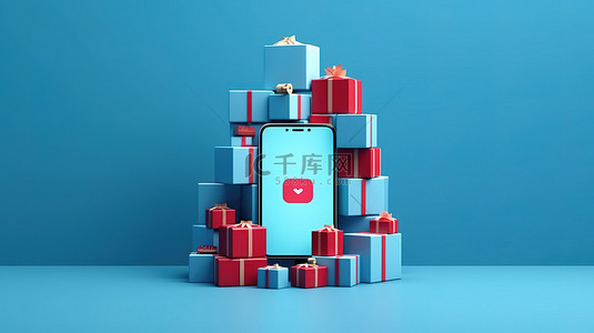 电子商务在蓝色背景下移动智能手机和纸盒的 3D 渲染图像，用于在线购物概念网络或应用程序