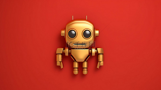 金色机器人背景图片_标志性机器人 3D 渲染红色哑光金板上金色机器人的符号