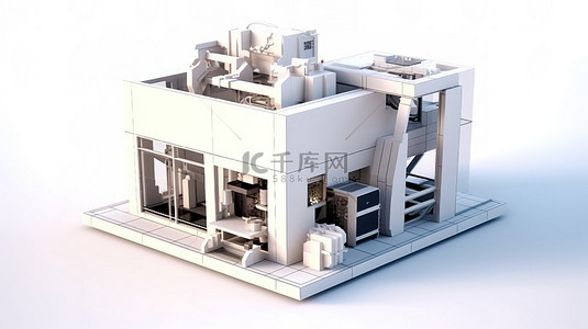 最先进的 3D 打印机在中性背景数字渲染上建造房屋