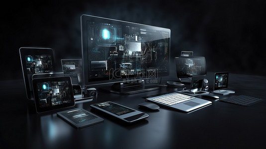 现代网站设计显示在桌面上，所有设备都在 3D 渲染中