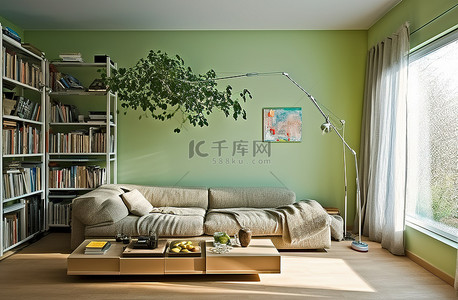 客厅有绿色的墙壁一些书和一棵大树