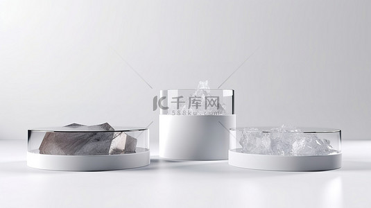 时尚圆形背景图片_水晶装饰的讲台底座展示在原始的白色背景时尚的 3D 渲染上