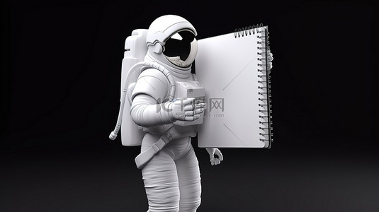 宇航员在 3D 渲染中指着笔记本进行设计和广告