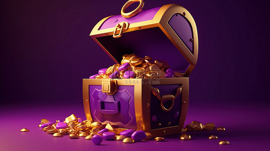卡通 3D 渲染一个开放的宝箱，紫色背景上有金色图标，代表着极简主义和平滑的保险箱概念的想法