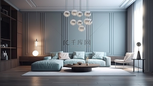 现代家居生活背景图片_在 3D 插图室内场景中控制明亮的色调豪华的现代客厅模型