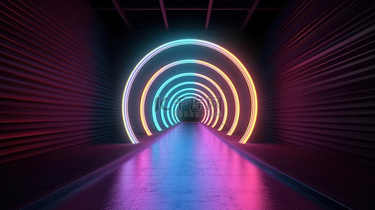 蓝紫荧光背景图片_采用线性霓虹灯设计的当代混凝土隧道的 3D 渲染