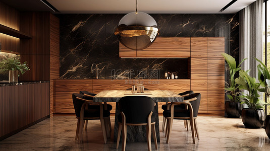 餐厅的木制橱柜装饰有黑色大理石和木材 3D 视觉效果