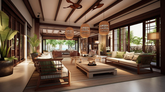 豪华热带度假套房，带起居接待处和休息区的 3D 渲染图