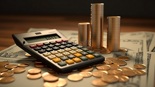 财务支出表格背景图片_计算器上的金钱和硬币跟踪财务 3D 渲染的表示