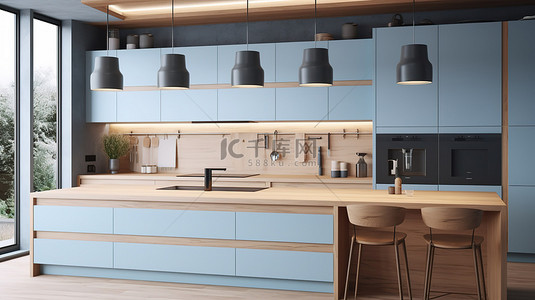 现代厨房设计 3D 渲染插图，以浅蓝色橱柜和木制顶岛为特色