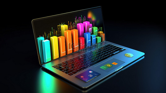 网站统计图标背景图片_使用笔记本电脑和社交媒体图标进行 3D 渲染的数字营销概念