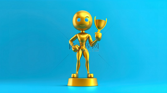 穿着蓝色健身追踪器并在黄色背景上持有金奖奖杯的角色吉祥物的 3D 渲染