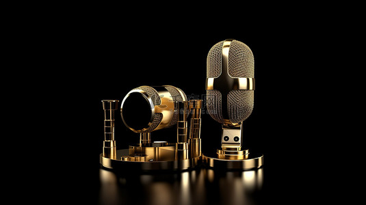 低音扬声器背景图片_大胆的黑色背景上时尚的金色麦克风和双黑色扬声器
