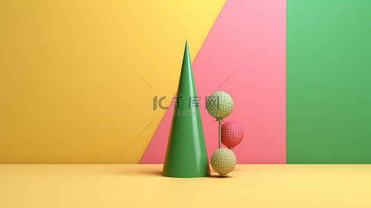 极简主义当代艺术 3D 渲染超现实的几何黄色锥体和绿色腿在粉红色的孤立背景上
