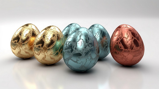 复活节快乐背景图片_3D 效果图中孤立的复活节设计元素多色箔装饰鸡蛋