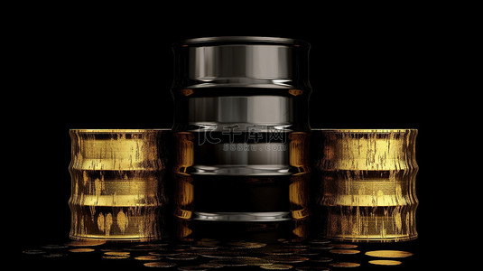 三个图背景图片_黑色背景中以 3d 形式描绘的三个黄色油桶和一个金色美元符号
