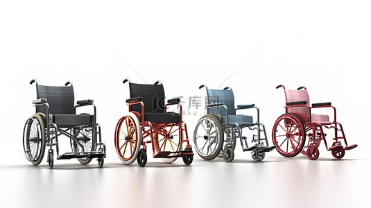 白色背景下不同位置的空置轮椅的各种 3D 渲染