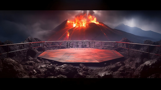 体育策划方案模板背景图片_战斗岛上的 MMA 竞技场，带有火山背景体育 3D 渲染