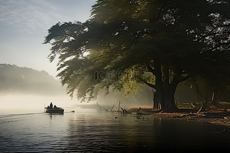 湖上游船卡通背景图片_水面上的小船，周围环绕着树木