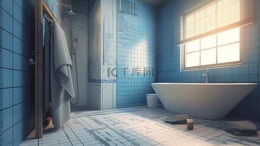 浴室建筑 3D 渲染叠加蓝图抵押表格和能源效率图表