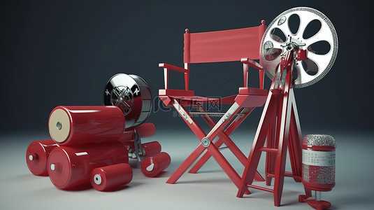 复古电影集 3D 渲染相机胶片卷轴拍板导演椅和扩音器
