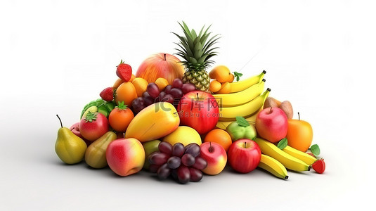 新鲜水果白色背景图片_干净的白色背景下各种充满活力的水果，以 3D 技术精心渲染