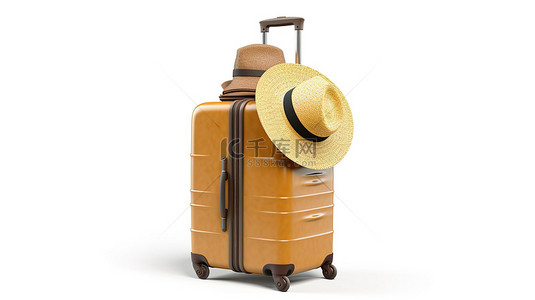 白色背景上戴着旅行行李和人字拖的草帽的孤立 3D 渲染