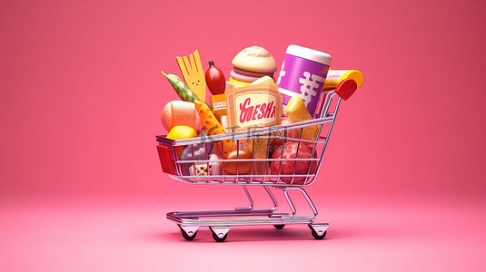 代表食品店概念的粉红色背景下完整杂货购物车和交付的 3D 渲染插图
