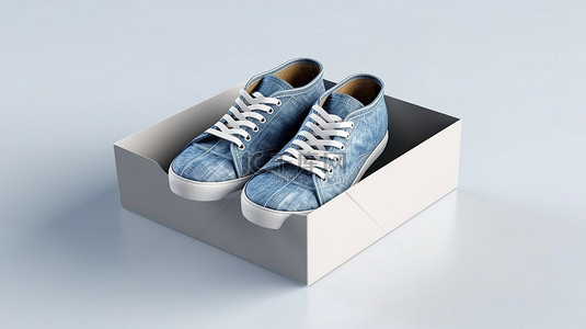 新设计的蓝色牛仔运动鞋，装在清爽的白色鞋盒中，位于纯白色背景 3D 渲染上