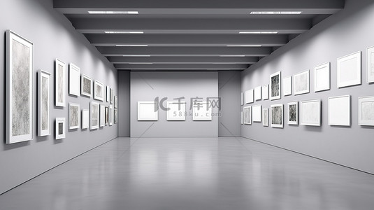 样机墙背景图片_通过 3D 渲染将室内艺术画廊与博物馆品质的镶框艺术品可视化