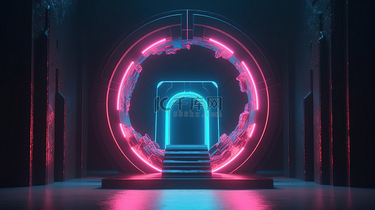 科幻门户被粉红色和蓝色霓虹灯照亮，在 3D 渲染中用光线