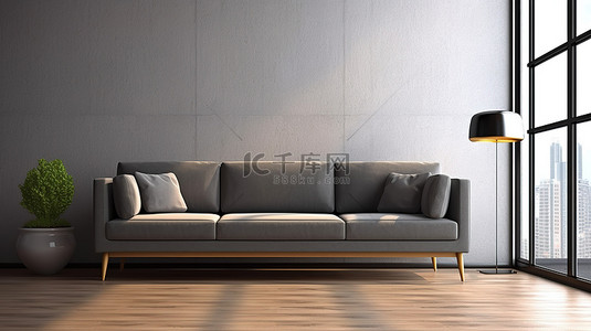 沙发壁纸背景图片_木地板上的现代灰色沙发，具有充足的复制空间 3D 渲染图像