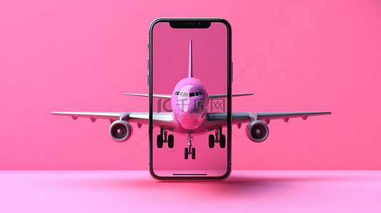 春节停运模板背景图片_停在粉色智能手机屏幕上的粉色飞机的 3D 渲染