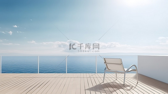 极简主义的户外休息露台，可欣赏令人惊叹的海景和游轮景观 3D 渲染