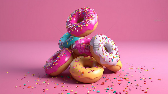 吃粉背景图片_空中釉面令人愉悦的是一系列彩色甜甜圈，在 3D 渲染的粉红色背景上有糖霜和洒水