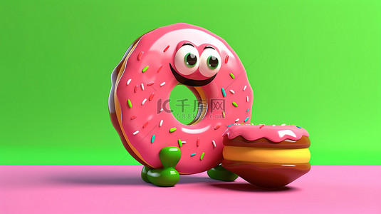 3d 创建的黄色背景上交通绿灯大草莓粉色釉面甜甜圈的吉祥物
