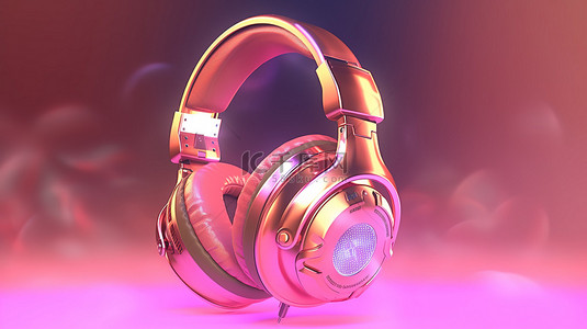 粉红金耳机音乐娱乐技术概念的 3D 渲染