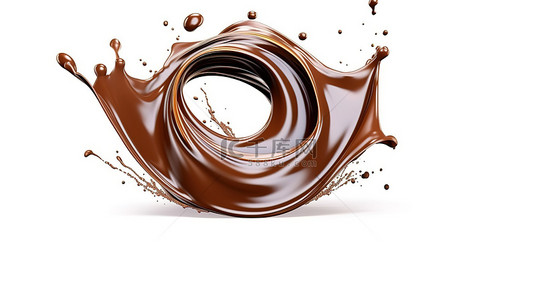 白色背景上孤立的黑巧克力旋转和飞溅的 3D 插图