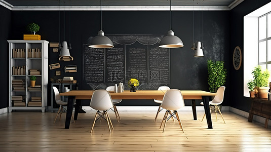 时尚黑背景图片_复古风格的办公室装饰黑板墙优雅的桌子永恒的椅子时尚的门和白色镶木地板3D渲染插图