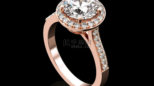 戒指戒指背景图片_带侧铺宝石和圆形钻石光环的大教堂柄玫瑰金戒指的 3D 渲染