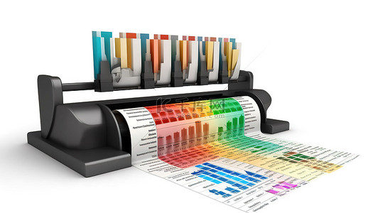 投资产品背景图片_具有现代打印机打印投资图表的白色背景的 3D 渲染