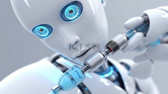 疫苗医疗背景图片_3D 渲染的 Android 机器人通过注射器管理医疗技术